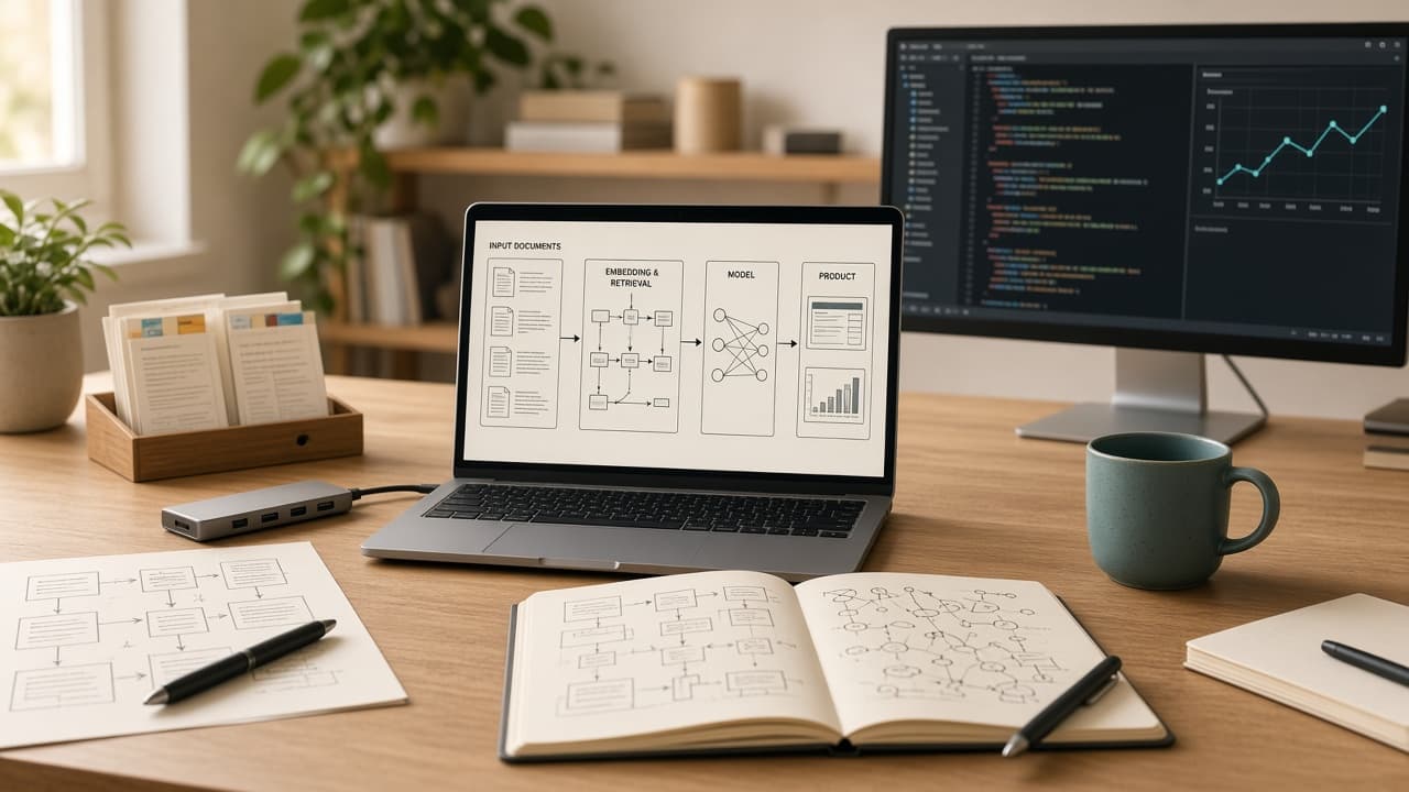 Laptop showing an AI document pipeline — ingest, retrieve, model, product — beside handwritten workflow notes.